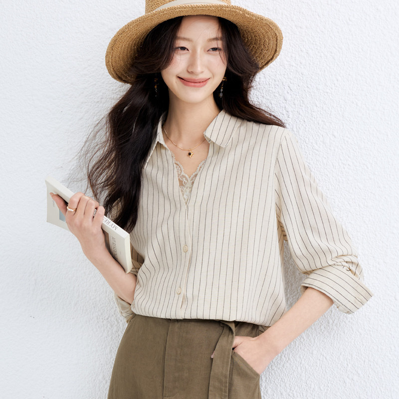 V領蕾絲條紋襯衫上衣 兩色