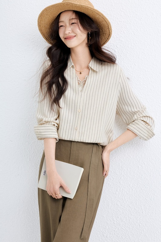 V領蕾絲條紋襯衫上衣 兩色