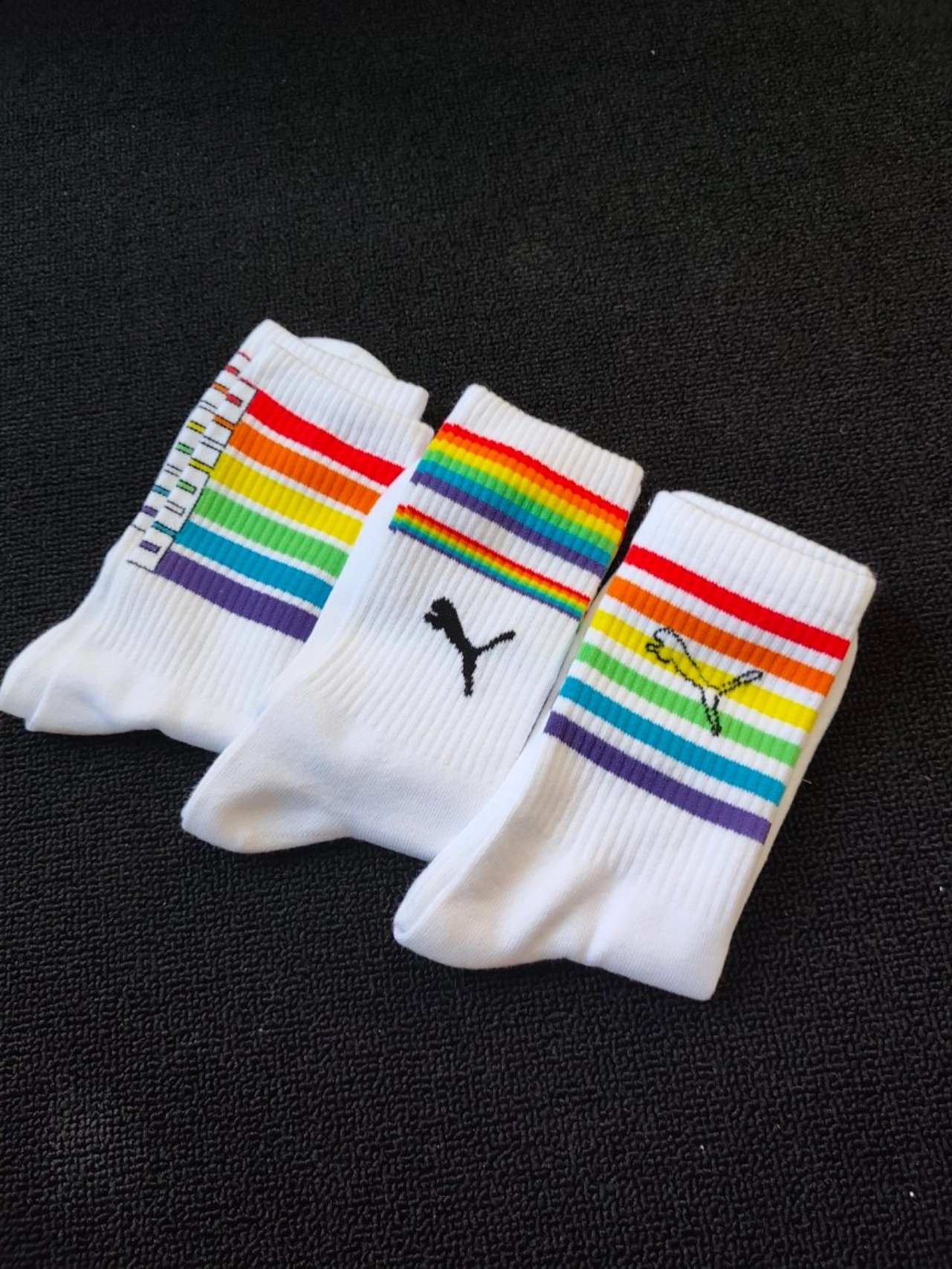 代購-PUMA 彩色條紋 品牌Logo 長襪 高筒襪 彩虹襪 男女同款 3雙裝