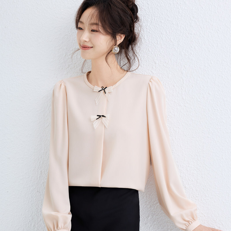 圓領蝴蝶結雪紡上衣 兩色