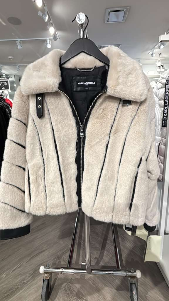 VM097 Karl lagerfeld 黑白間條飛機師款毛毛長袖拉鏈開胸外套