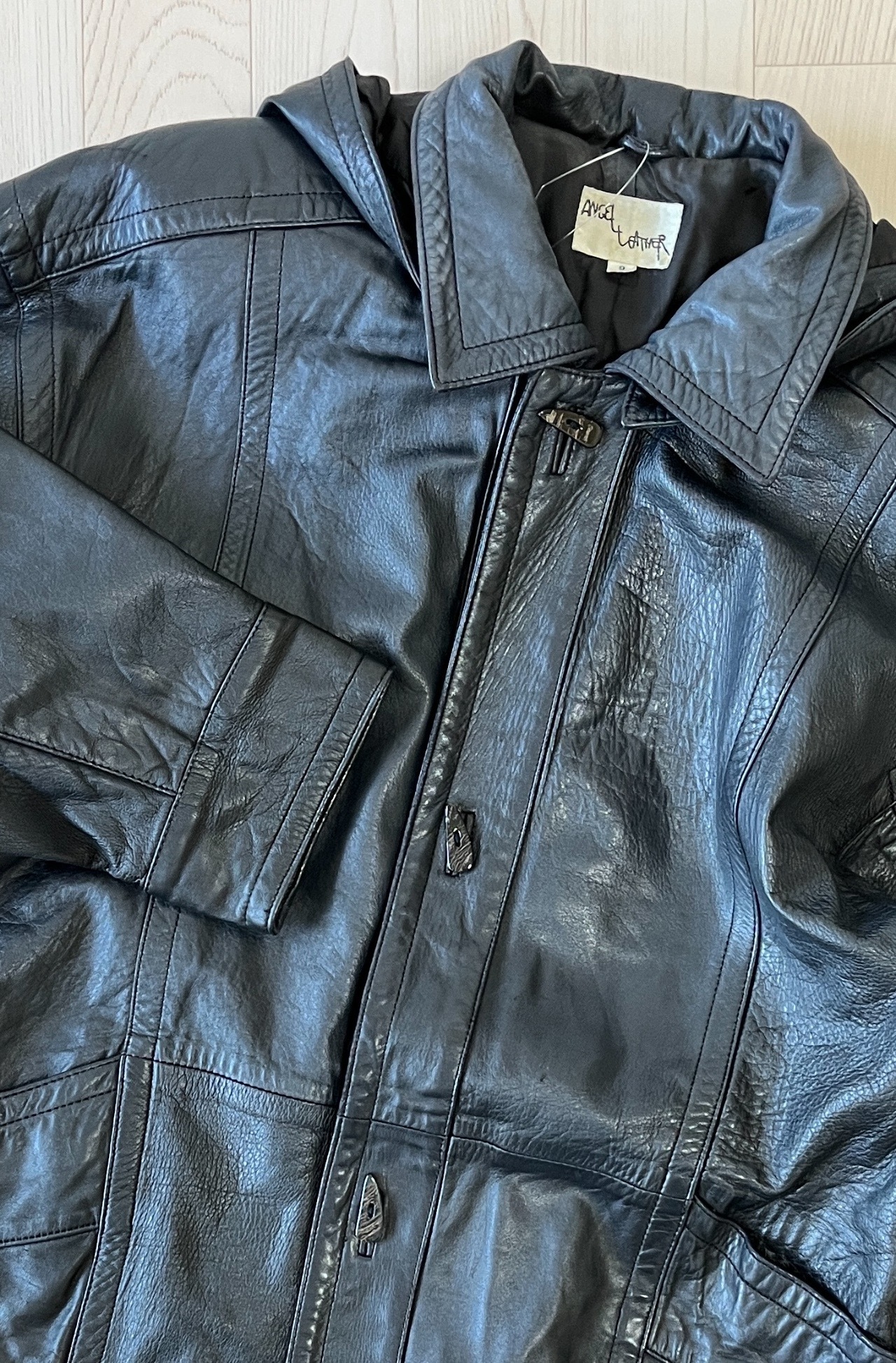 Angel Leather黑色連帽真皮皮褸