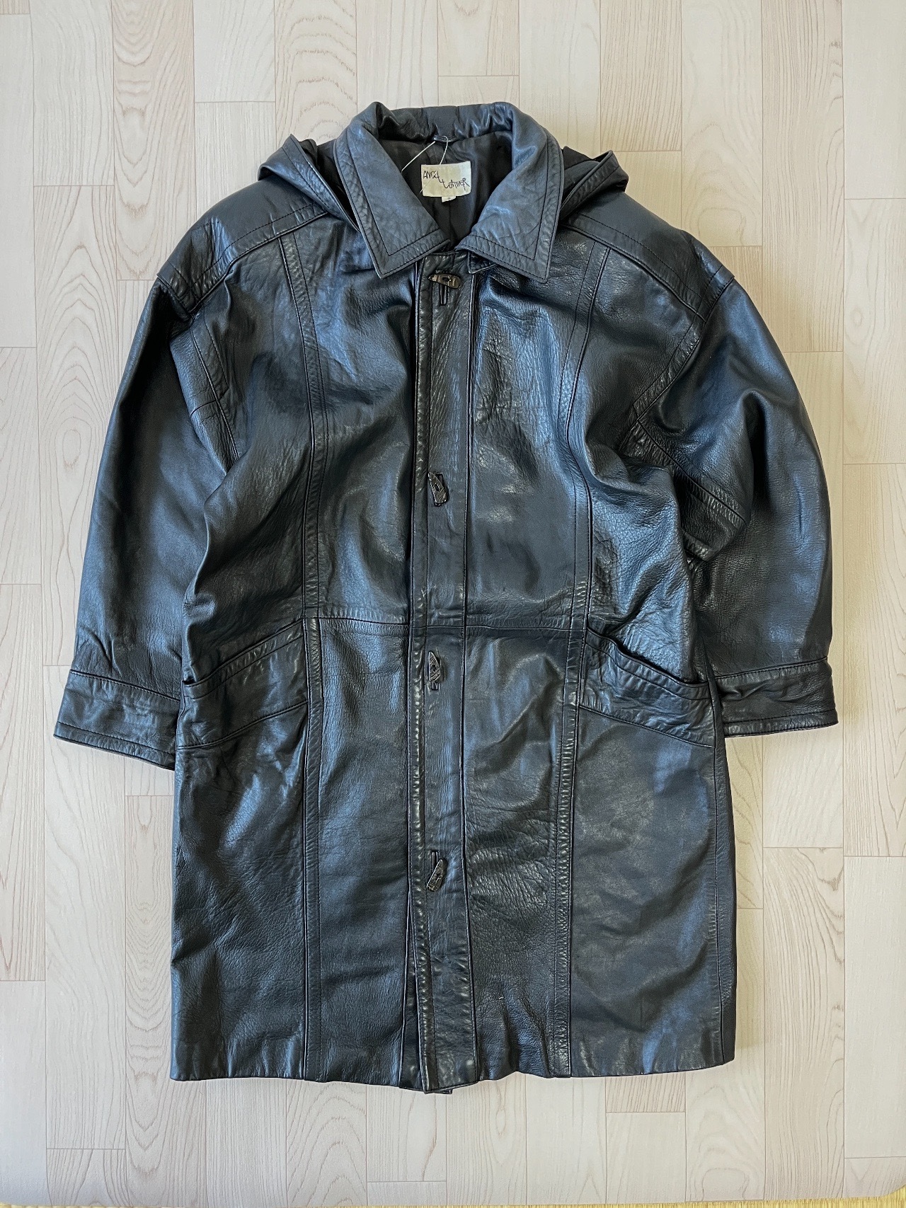 Angel Leather黑色連帽真皮皮褸