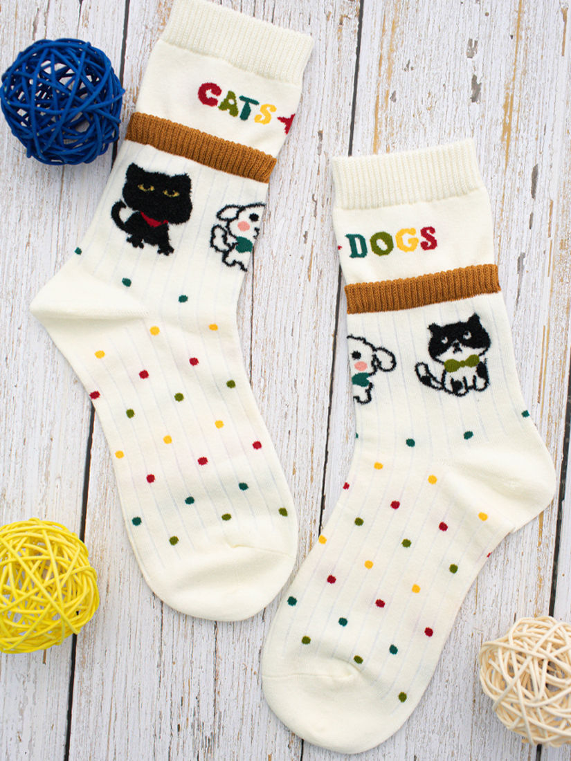 貓咪與小狗點點直紋中筒襪