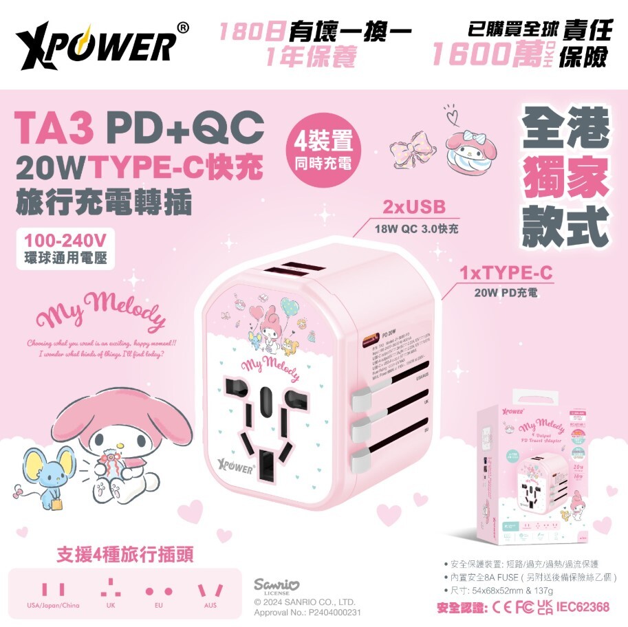 XPower x Sanrio My Melody 20W Type-C 快充旅行充電轉插 TA3