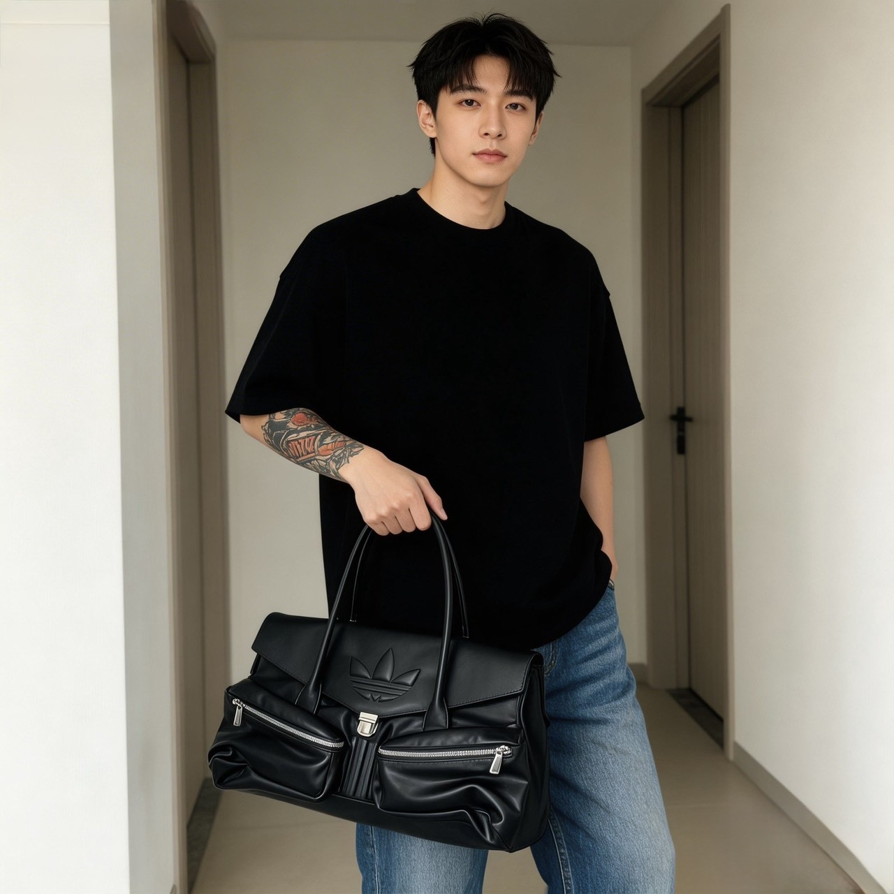 【Luxury】國外限定 Adidas 經典三葉草 logo 長柄單肩包 KC1418 男女可用 公事包 多功能 手提 肩背包 拉鍊收納 大容量