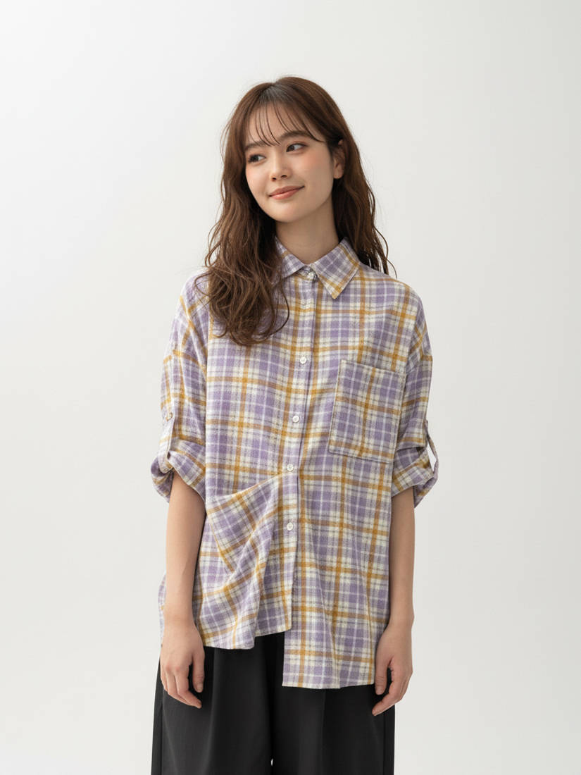 紫芋泥格紋襯衫打褶剪接蘿蔔繭型褲組合