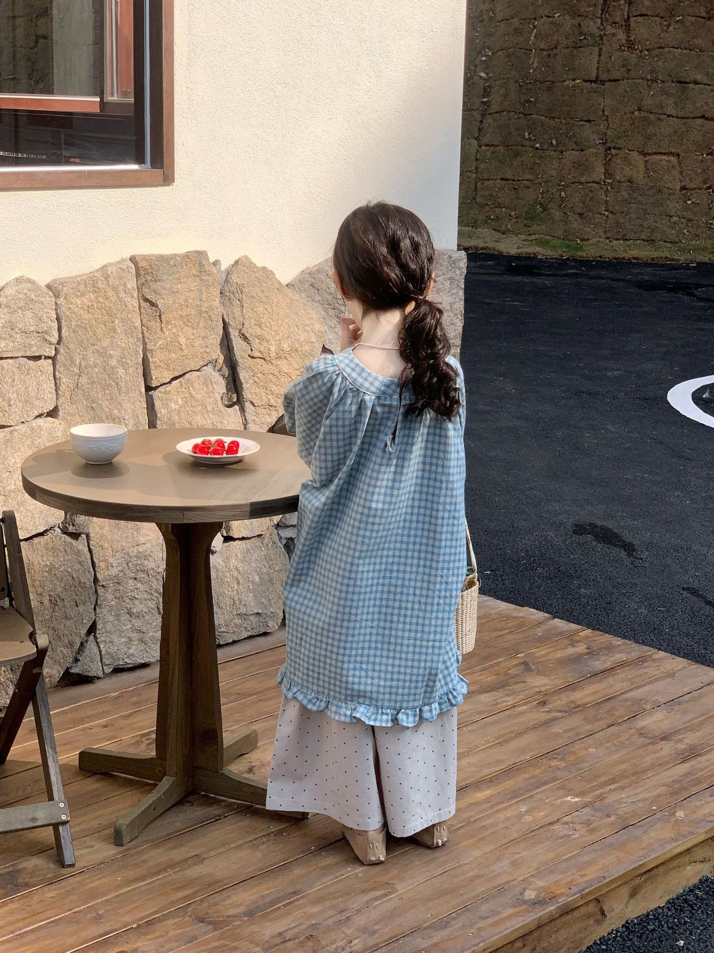 寶寶藍花邊格子寬鬆連衣裙 ᝰ