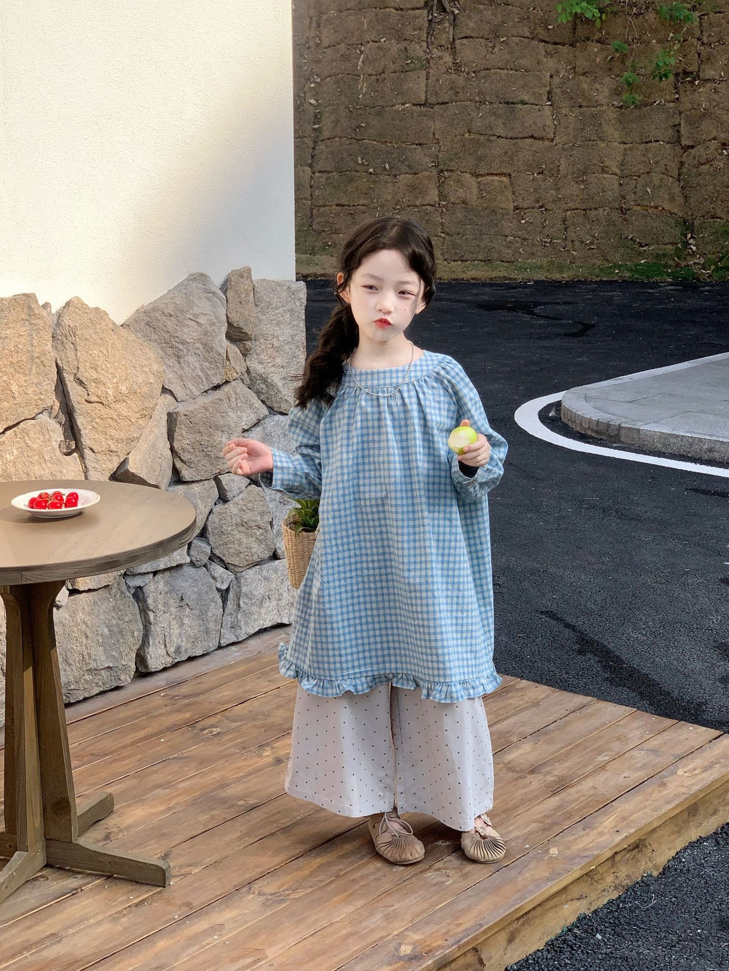 寶寶藍花邊格子寬鬆連衣裙 ᝰ