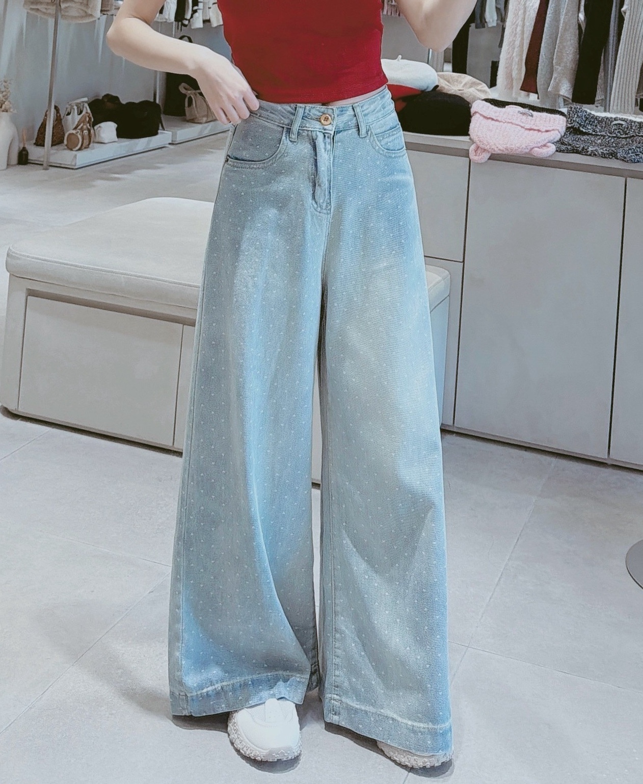 韓款滿版小愛心牛仔寬褲 81176