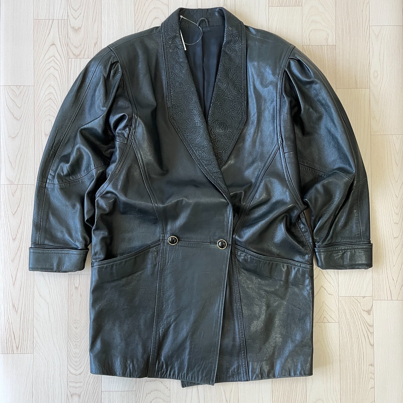 日本製黑色壓紋古著羊皮皮褸