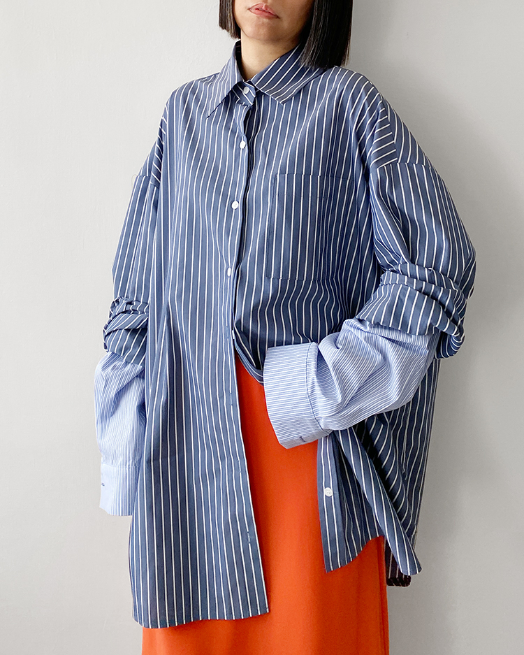 MKT-2864 雙層袖條紋襯衫 ɴᴀᴠʏ