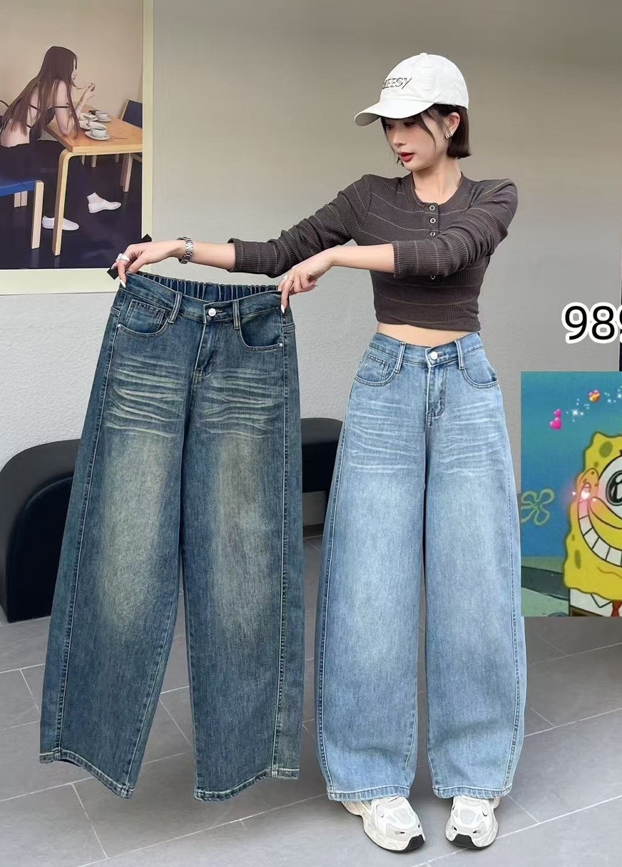 單釦後鬆緊刷色牛仔直筒褲