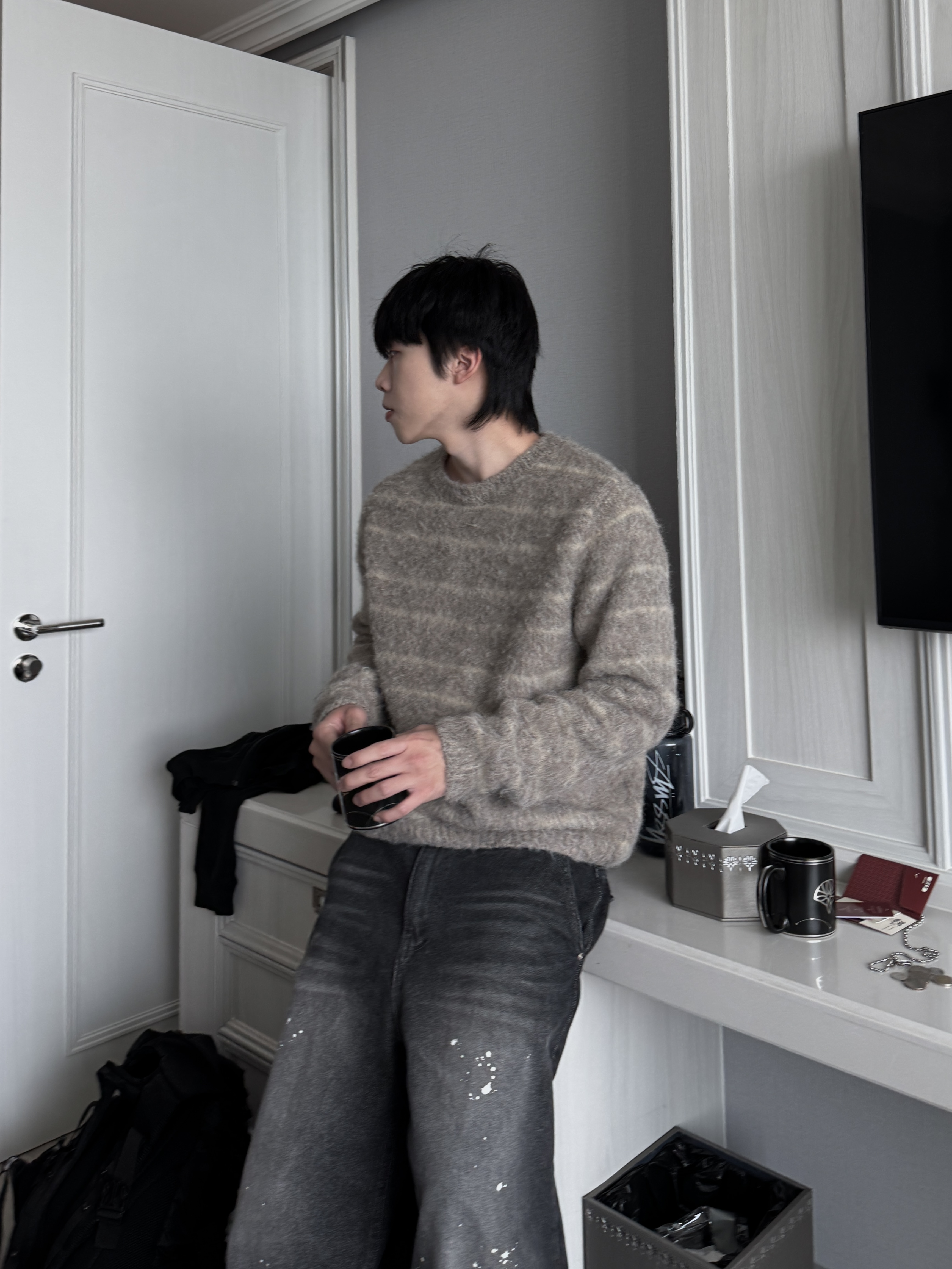 細條紋 霧絨針織寬鬆毛衣（現貨）