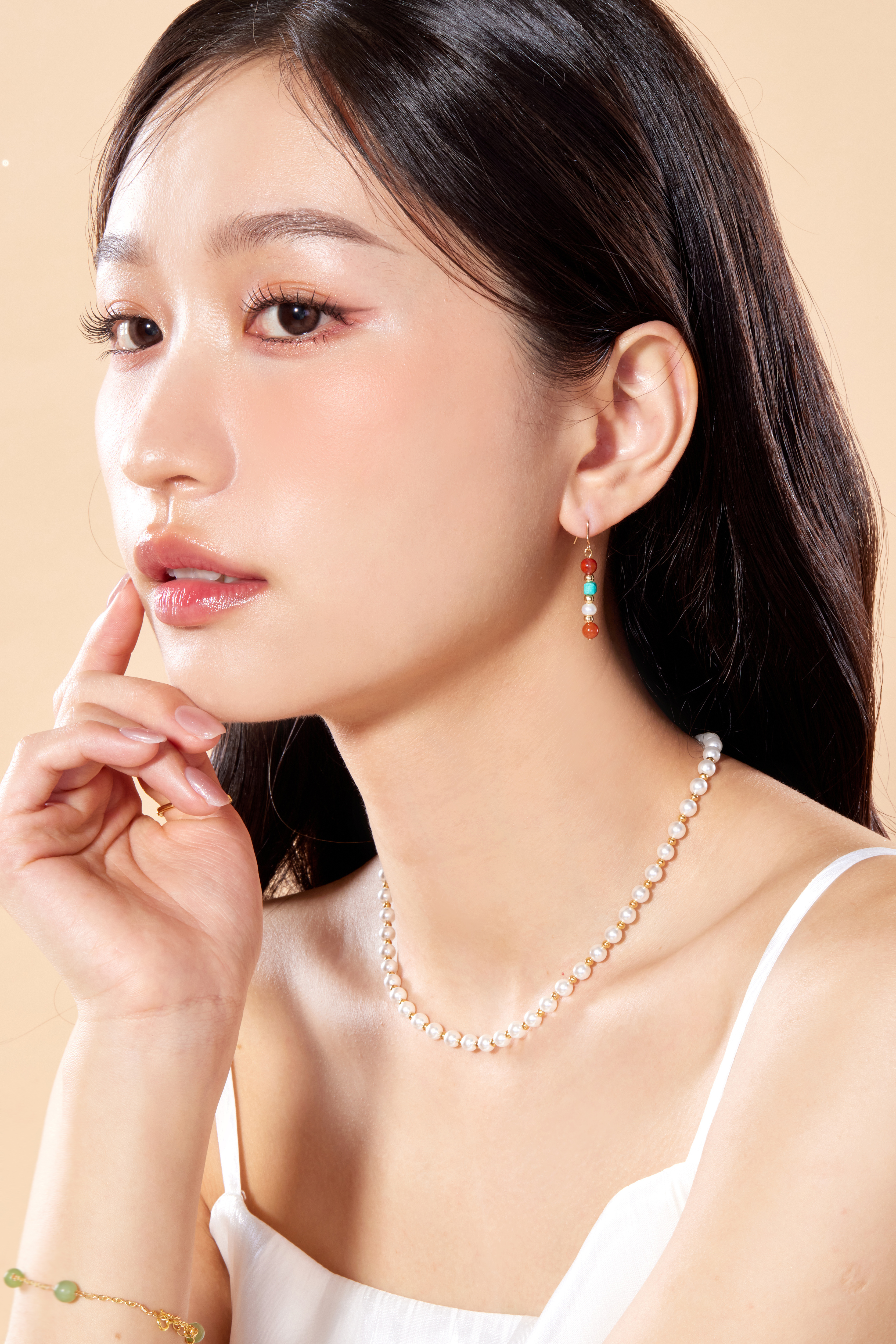 E2655 | 14kgf藍松石紅瑪瑙珍珠耳環