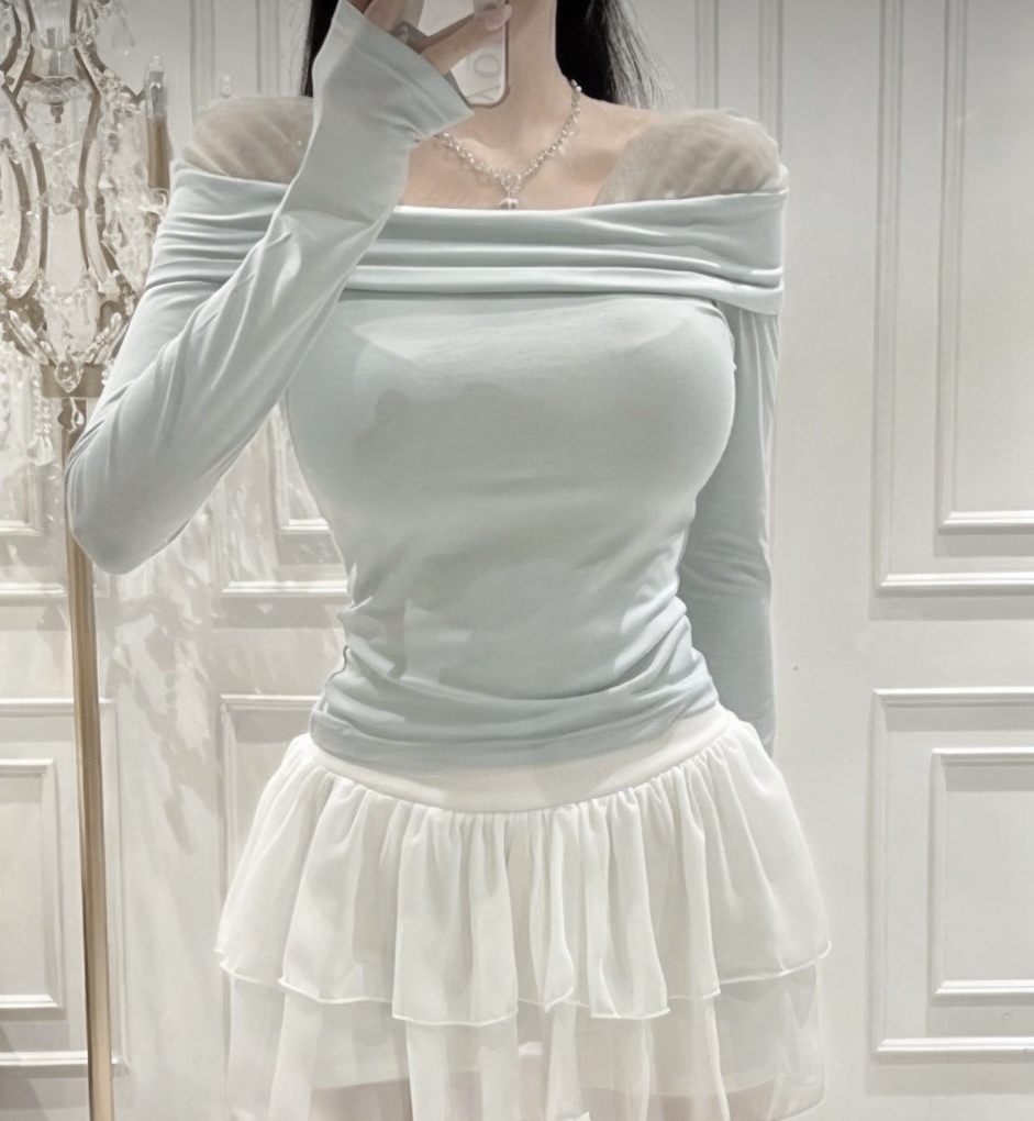 [甜美🍬] 拼紗一字領長袖