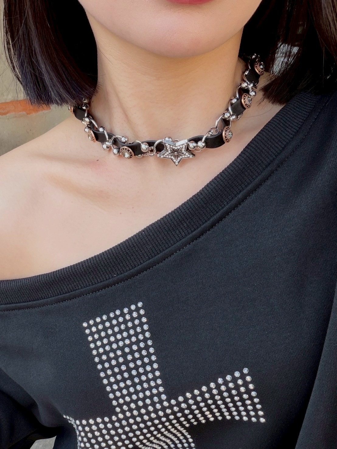 朋克star ★ 星星鑲鑽皮編chocker