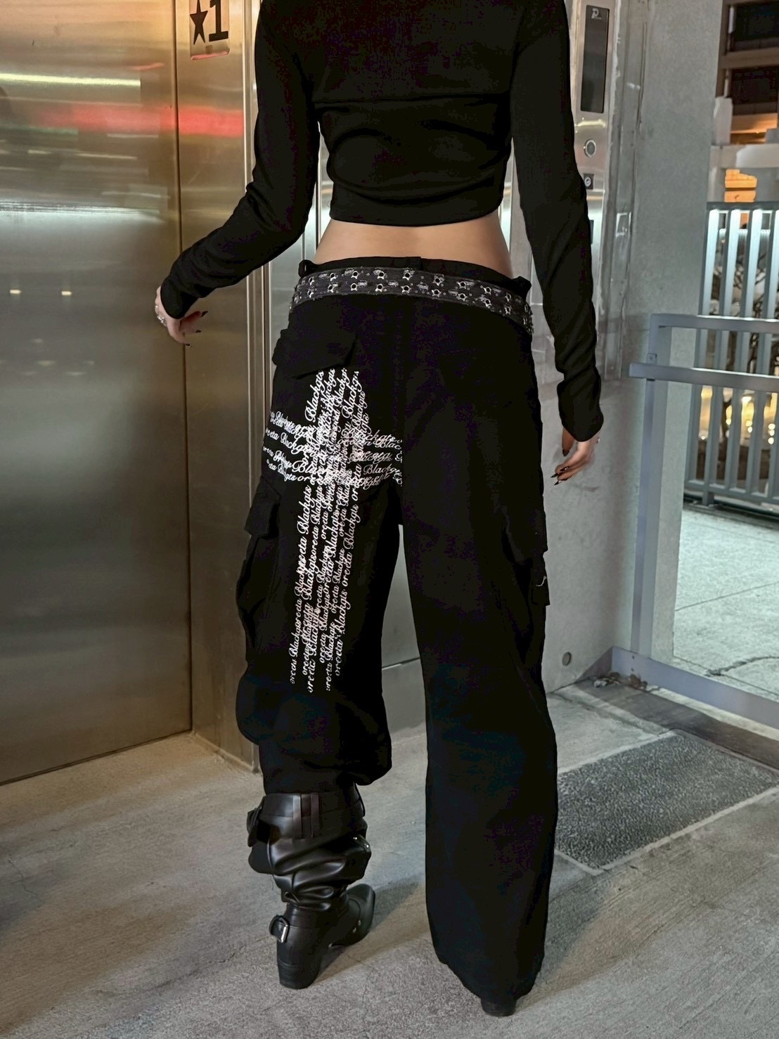 街頭感 十字架塗鴉 美式做舊低腰工裝褲2colors