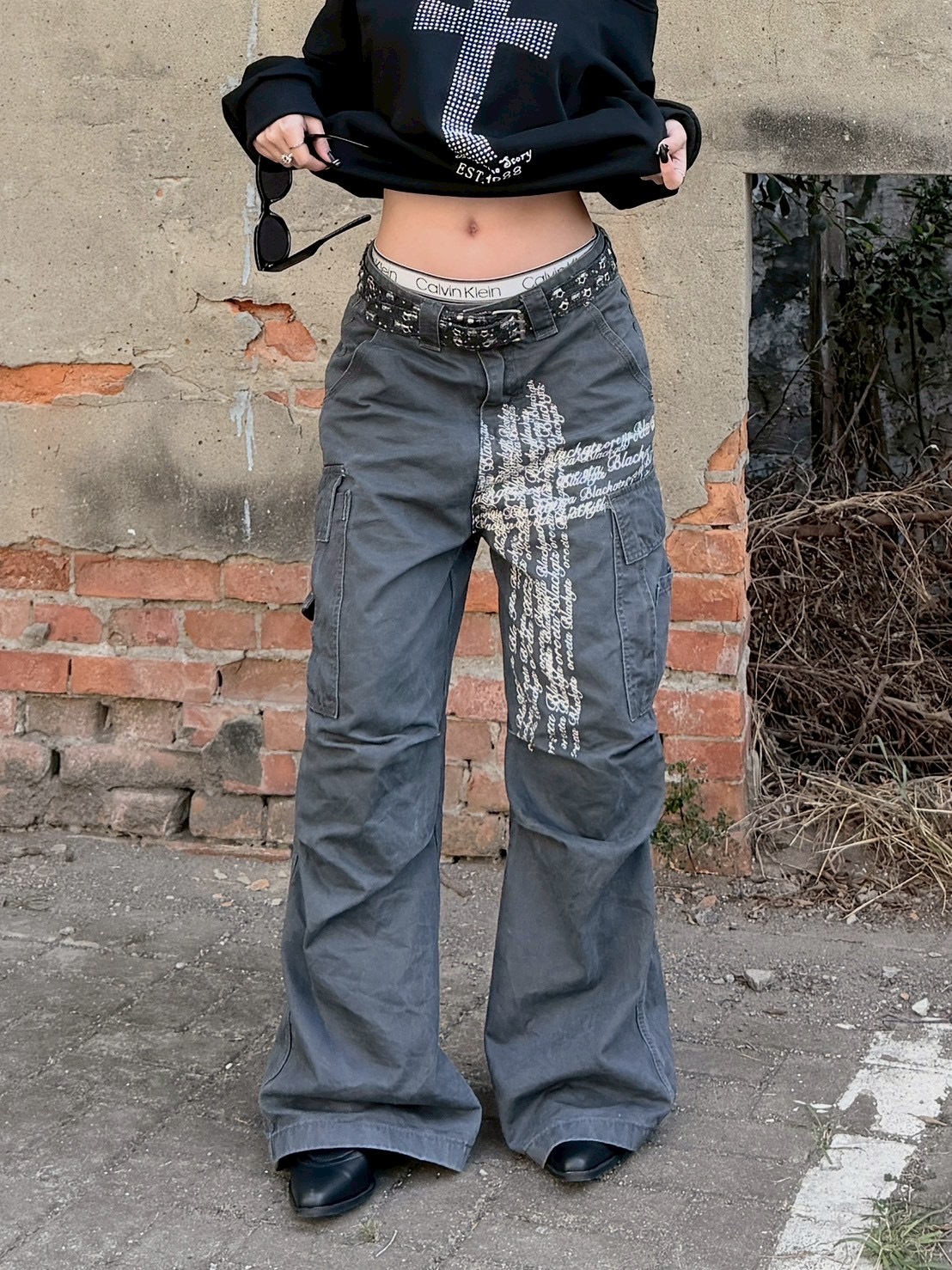 街頭感 十字架塗鴉 美式做舊低腰工裝褲2colors