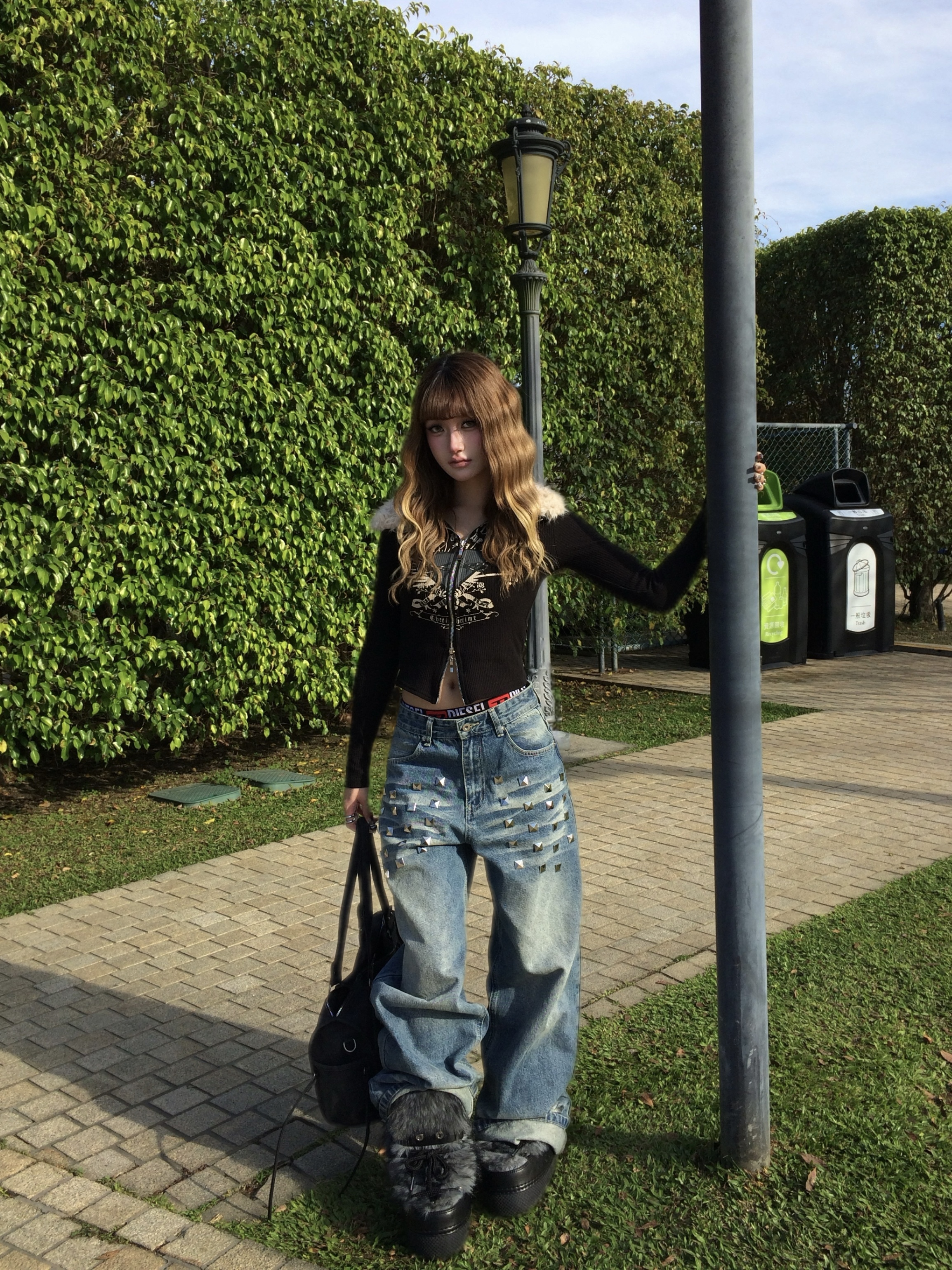 韓系鬆弛感 鉚釘水洗直筒闊腿褲 2colors