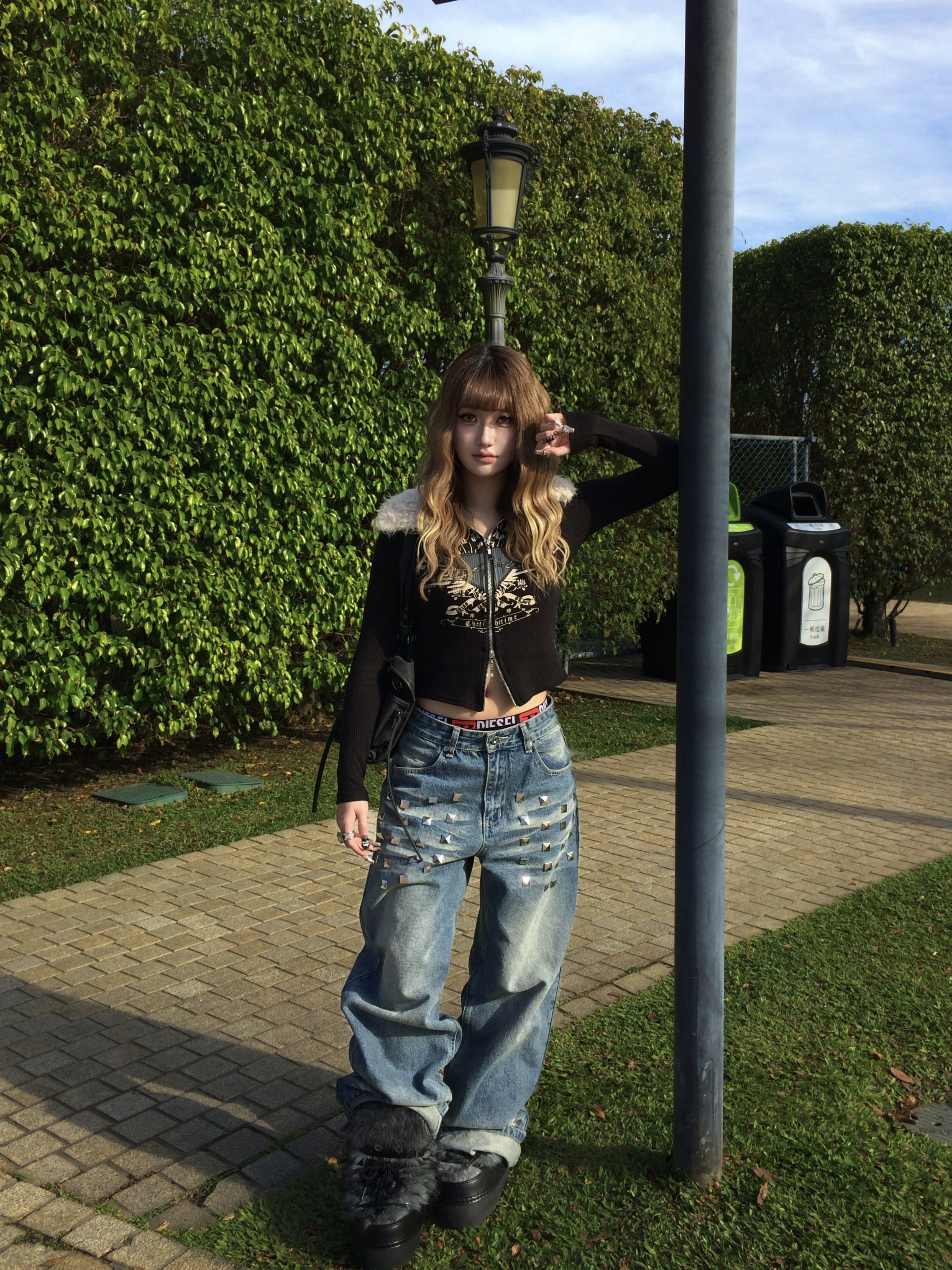 韓系鬆弛感 鉚釘水洗直筒闊腿褲 2colors