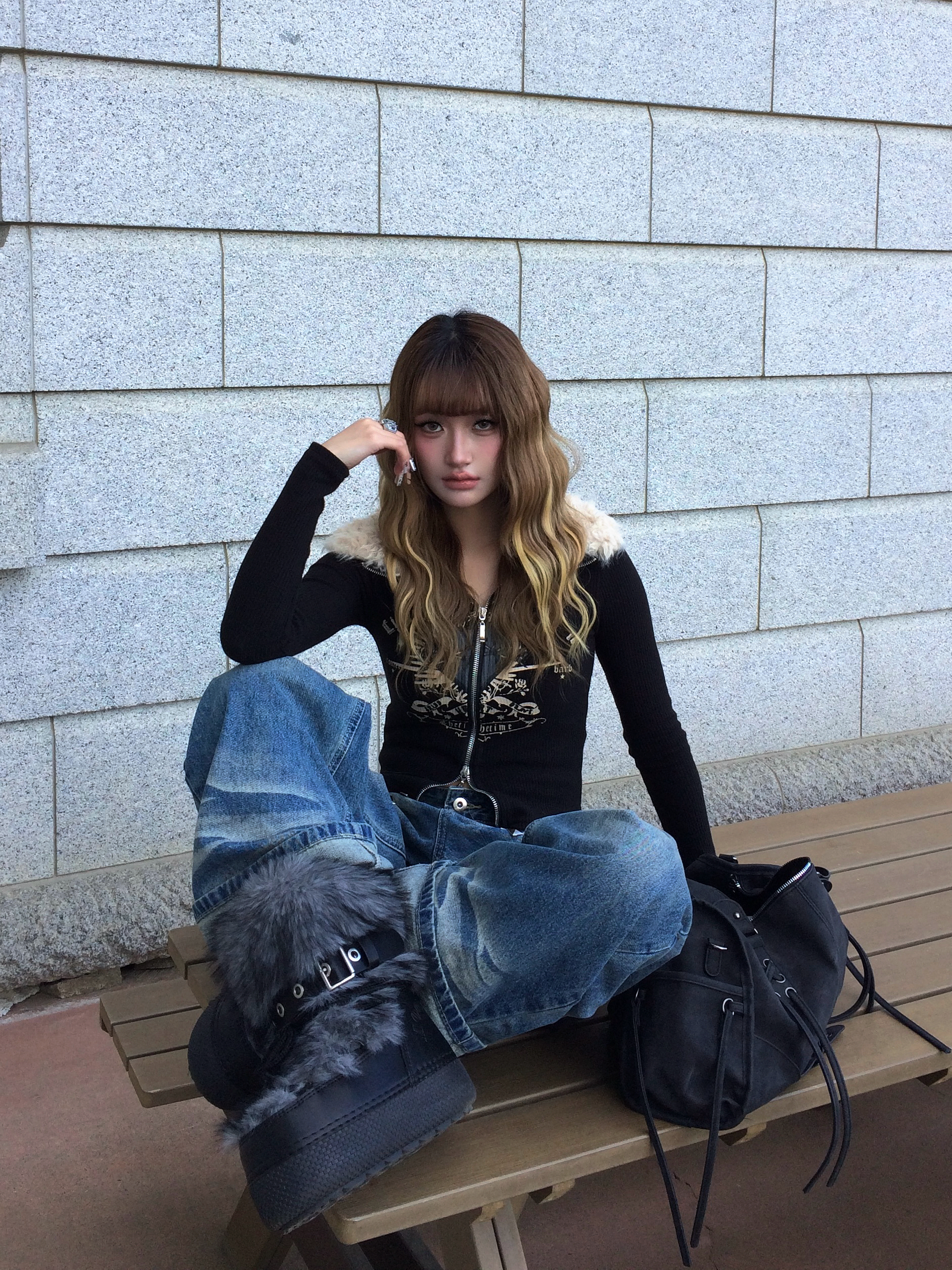 多種穿法 街頭感毛領針織上衣（毛領可拆）