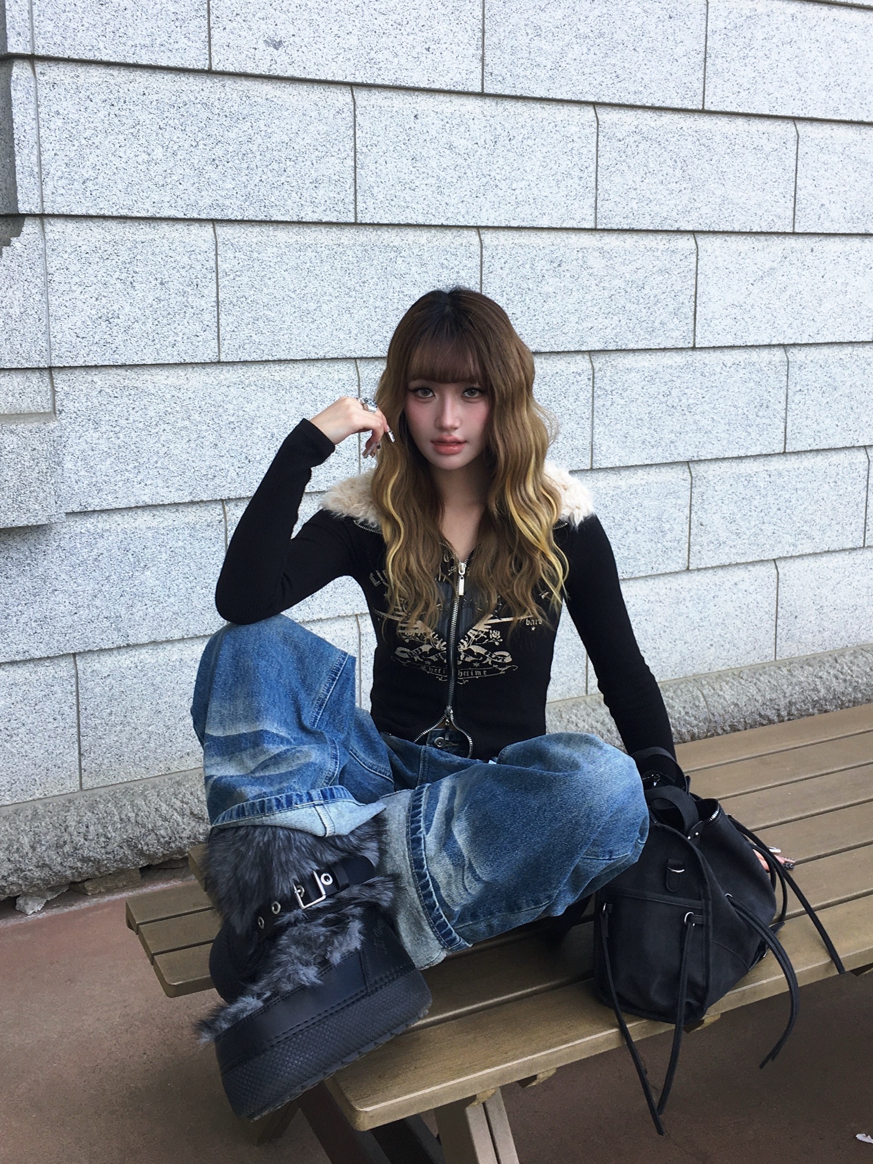 多種穿法 街頭感毛領針織上衣（毛領可拆）