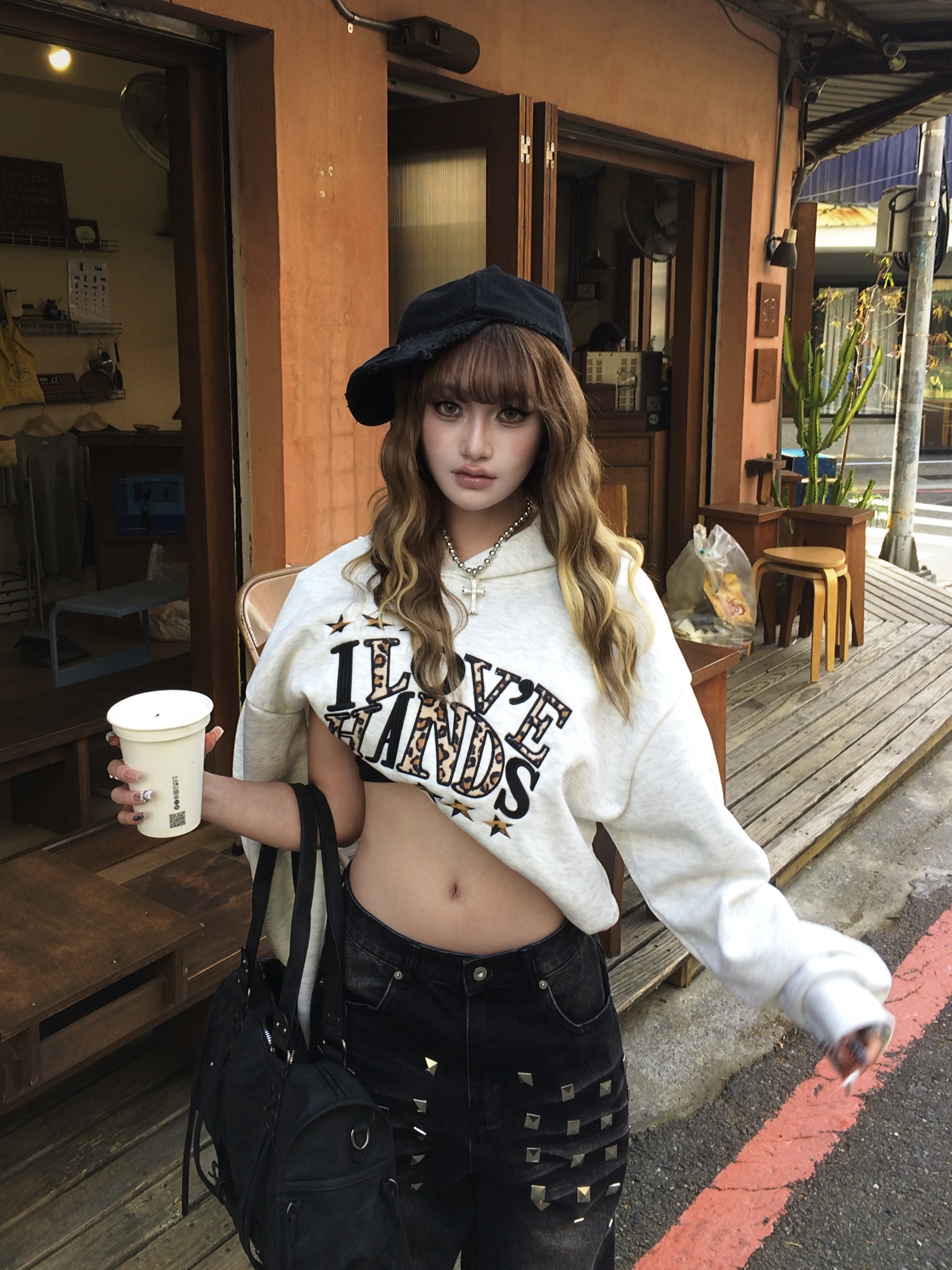 街頭豹紋vibe 印花刺繡豹紋拼接帽踢（加絨）