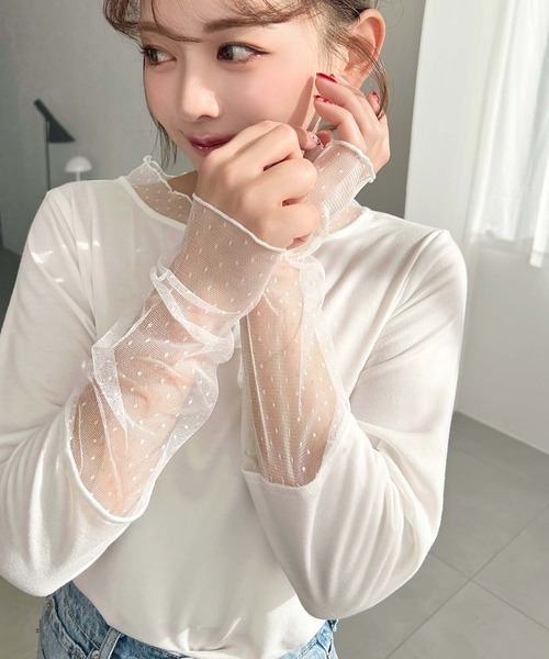 日本🇯🇵連線 Moment+ 點點薄紗蕾絲拼接套頭衫 內搭 打底 T恤 長袖 蕾絲 拼接 套頭衫 薄紗 5色(任買兩件7-11免運)/預購