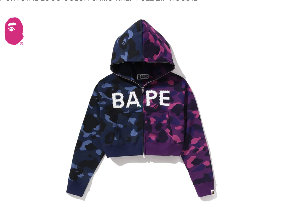 【BAPE女生】0214 發售 短版水鑽 CRYSTAL LOGO COLOR CAMO HALF FULL ZIP HOODIE