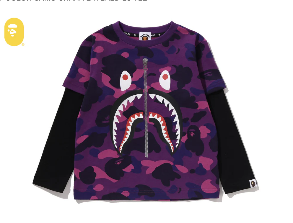 【BAPE童裝】0214 發售 COLOR CAMO SHARK LAYERED LS TEE