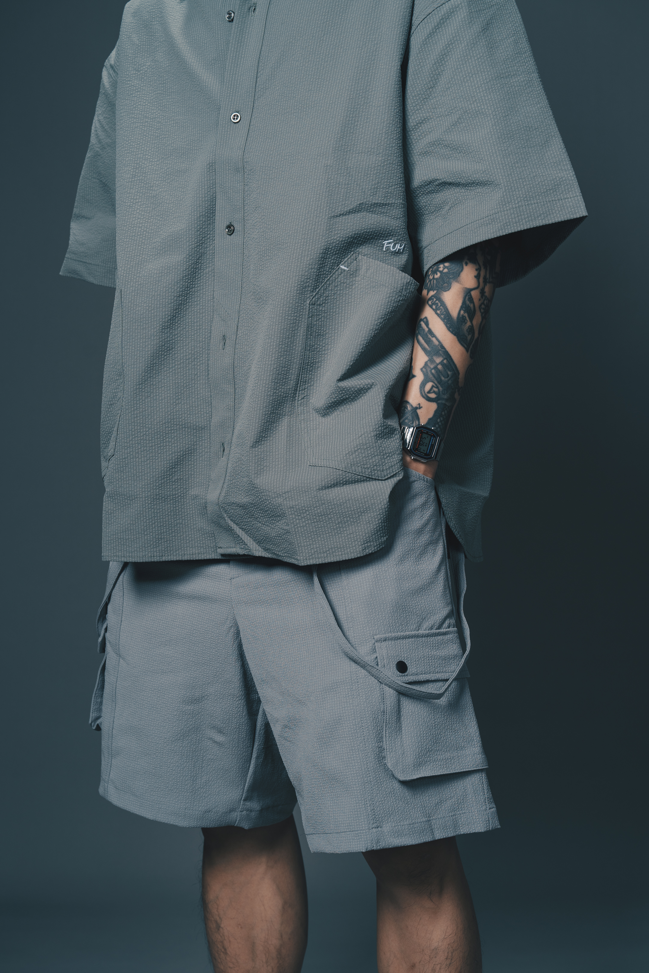 泡泡紗圓腳襯衫套裝｜軍綠色