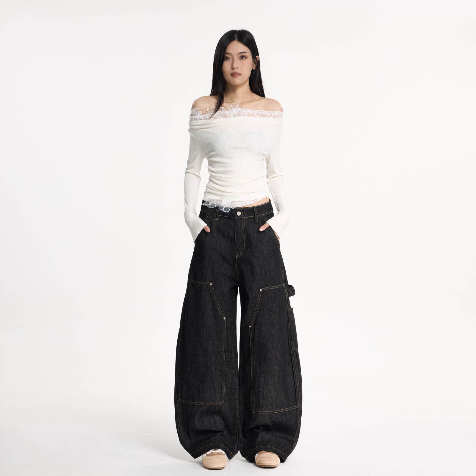 - SIMPLEACTION - 美式復古設計款廓形彎刀褲