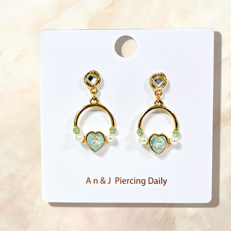 合金-菱鋯圓框吊半圓金框中愛心鋯+珍珠