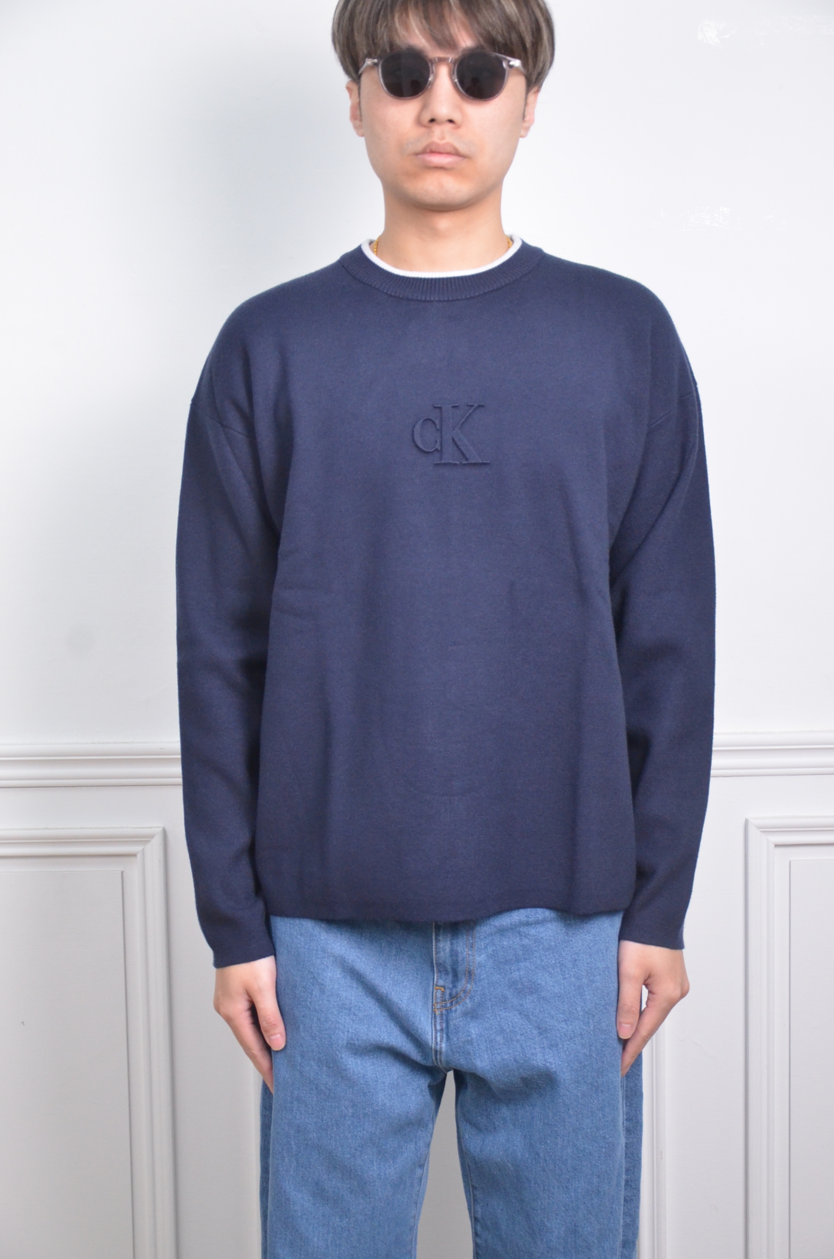 Calvin Klein 立體LOGO毛衣-藍
