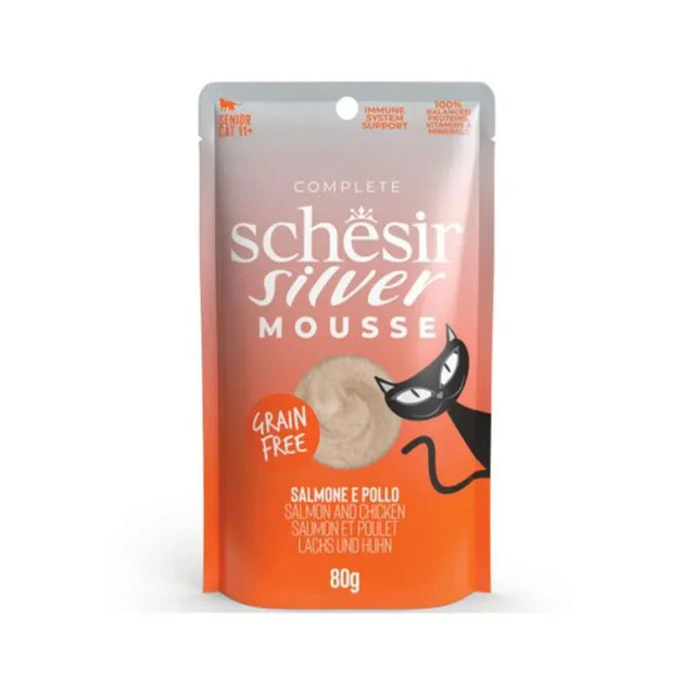 [斷貨中] Schesir -Silver 高齡貓主食Mousse餐包系列- 三文魚雞肉 80g (原盒12包@$15, 2盒24包@$14.5)
