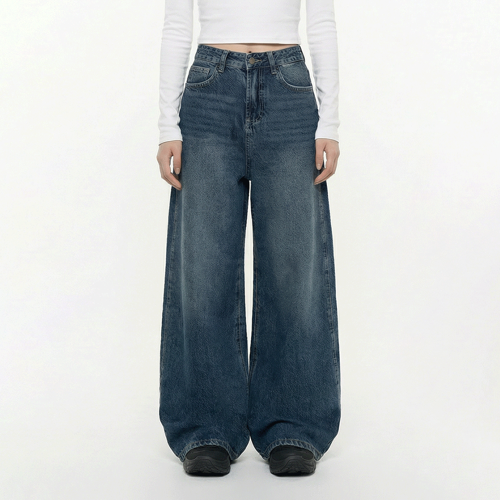 復古水洗隨性寬版牛仔褲