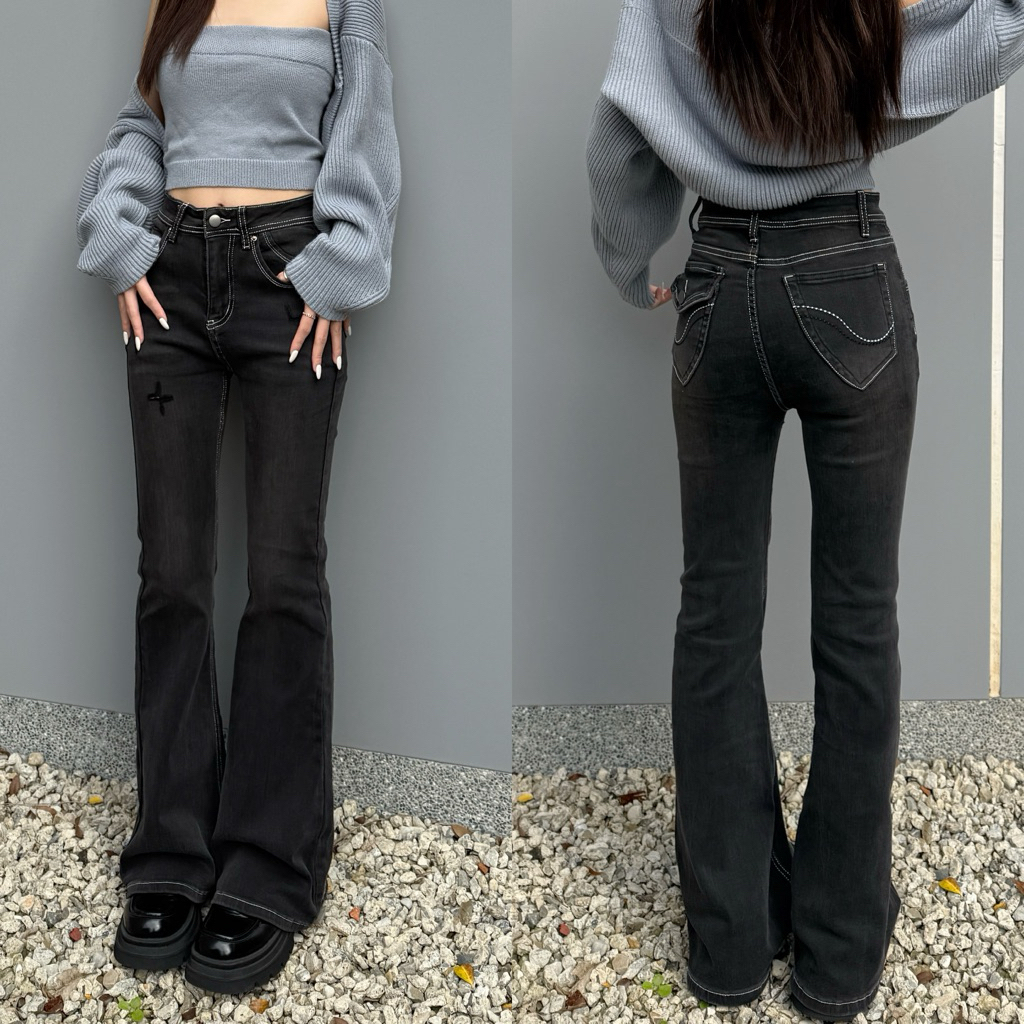 夢中情褲💘絕美藍灰彈力刷破喇叭褲(2色/S-XL)另有短褲版!!!!