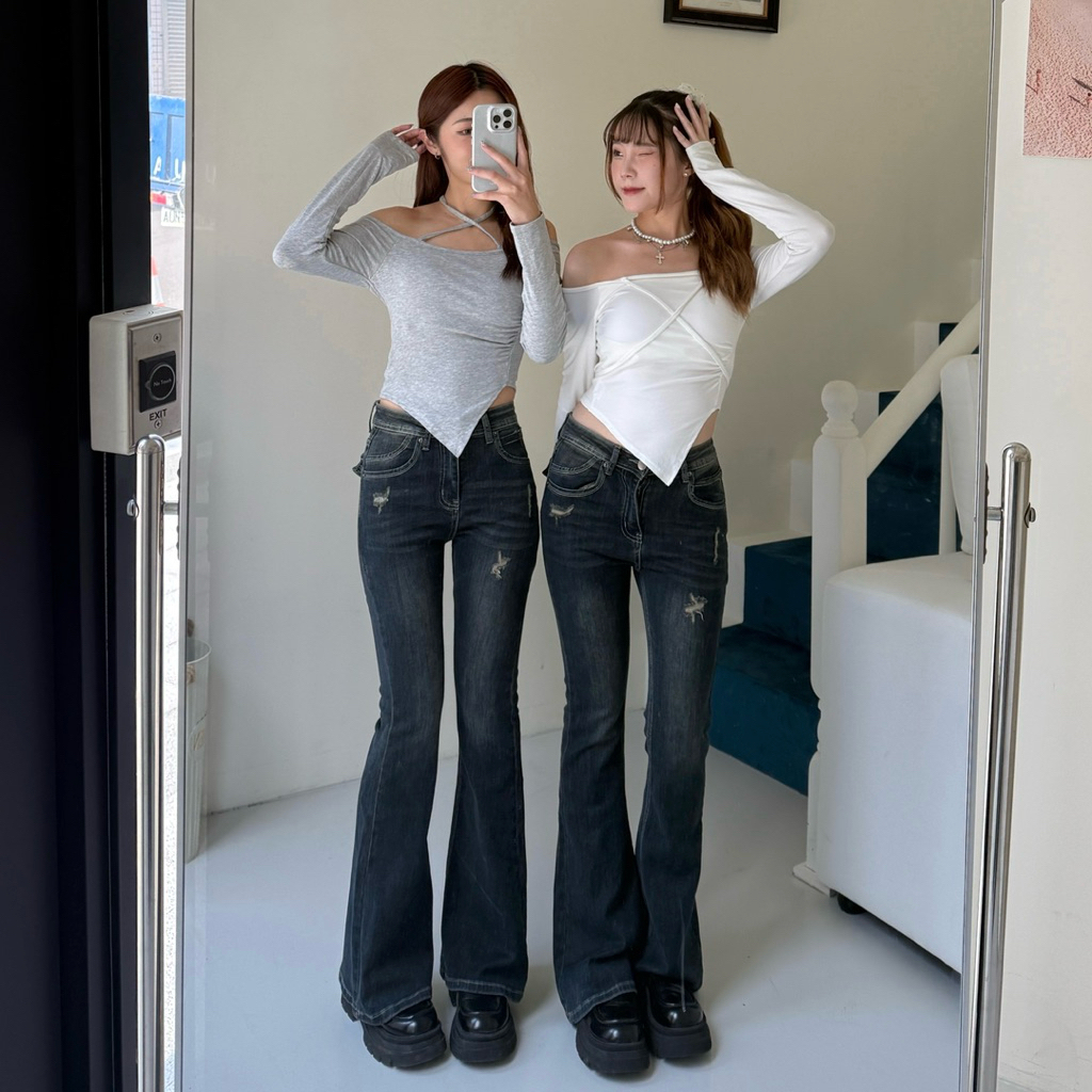 夢中情褲💘絕美藍灰彈力刷破喇叭褲(2色/S-XL)另有短褲版!!!!