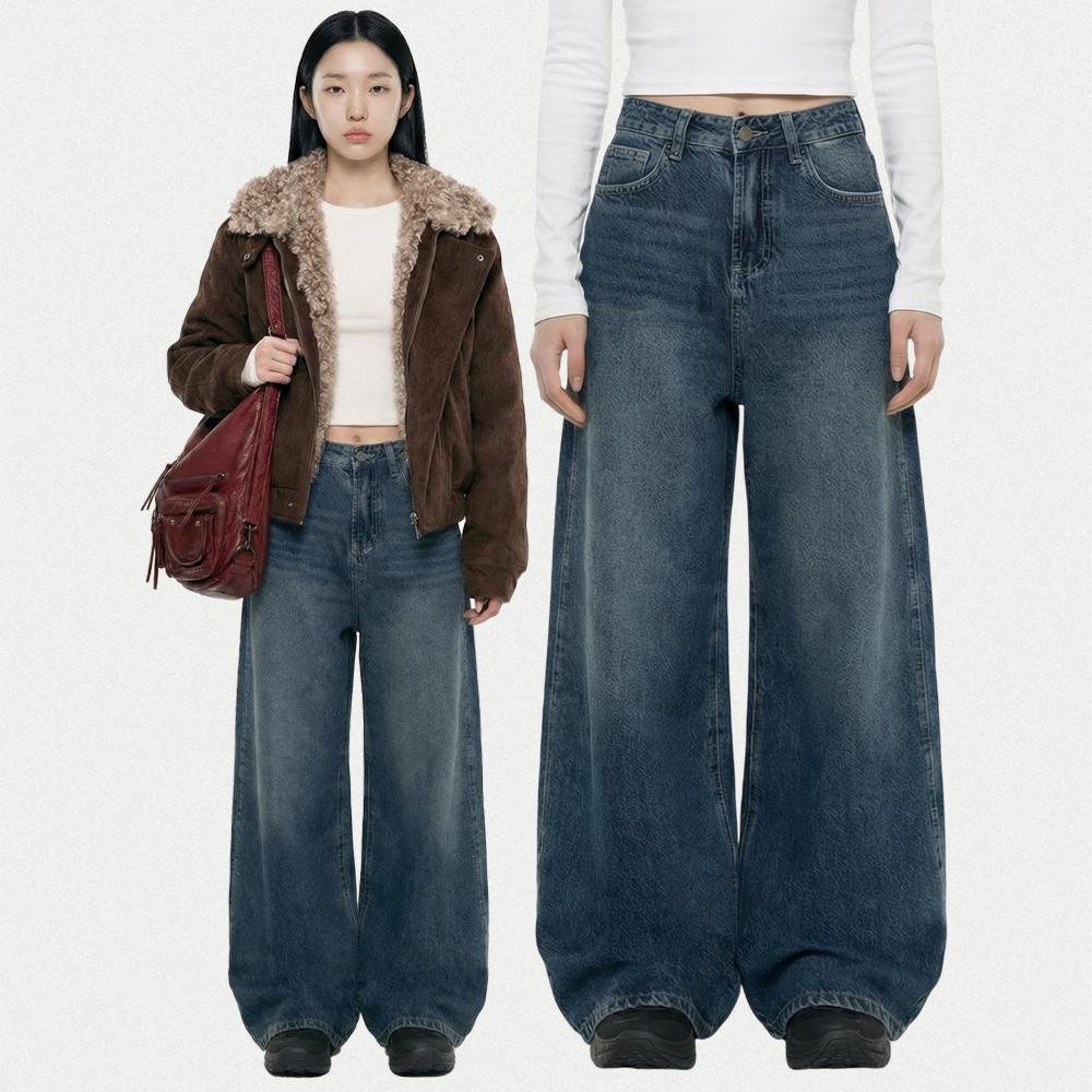 復古水洗隨性寬版牛仔褲