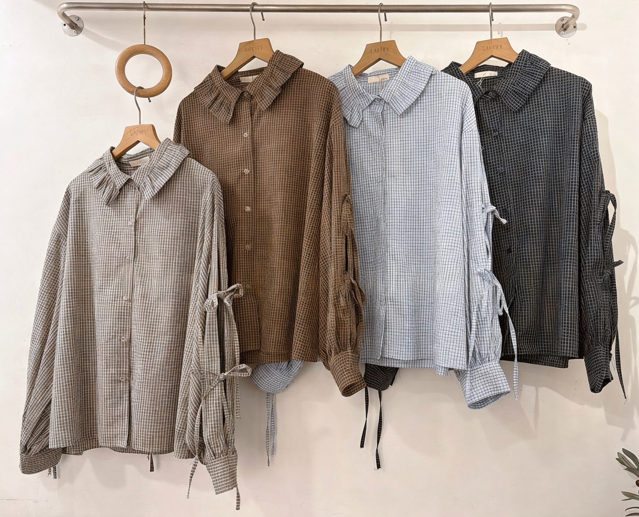 綁帶泡泡袖花領襯衫