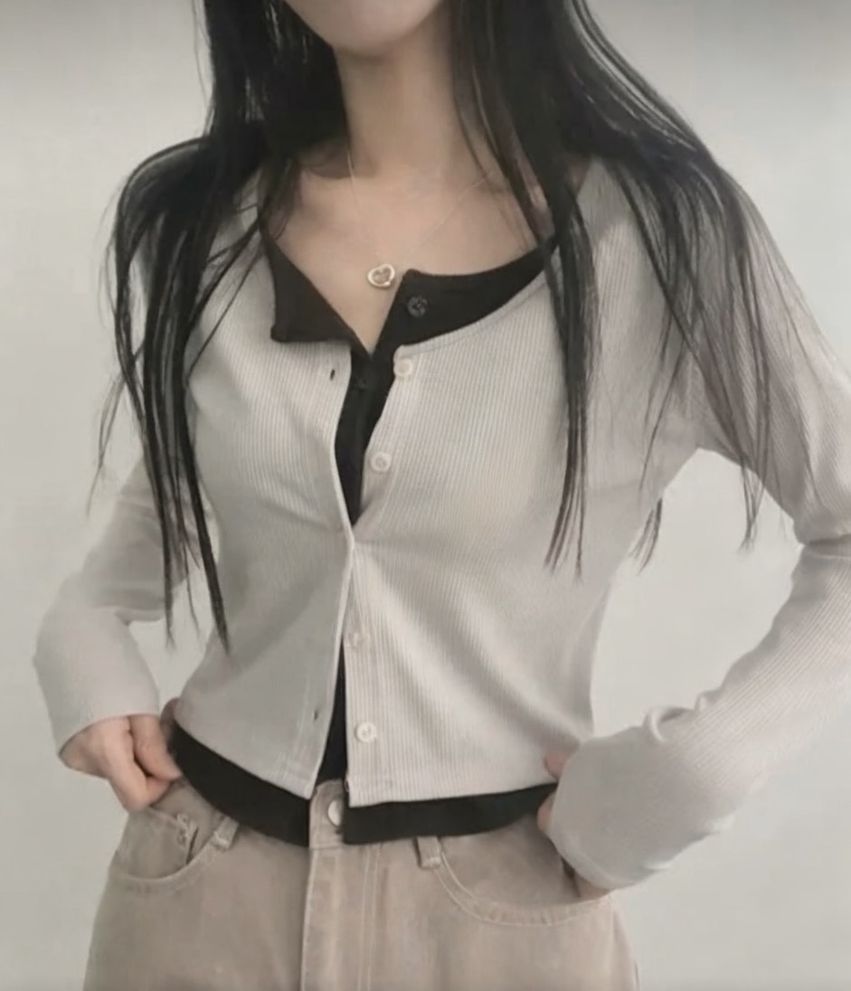 [OL風💼] 拼色假兩件鈕扣長袖