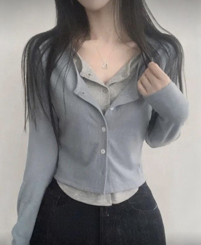 [OL風💼] 拼色假兩件鈕扣長袖