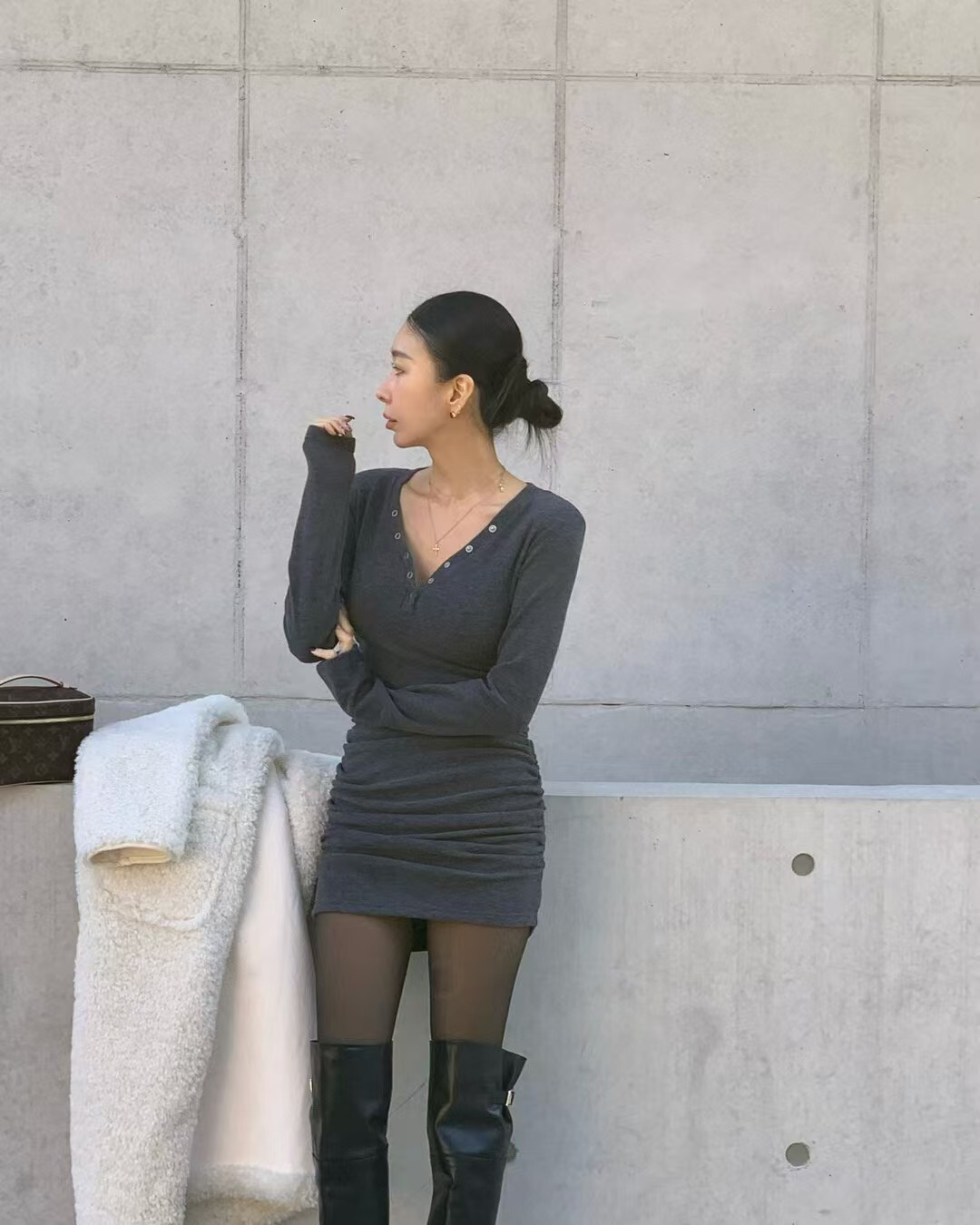 S14 顯瘦抽皺連身洋裝(灰)