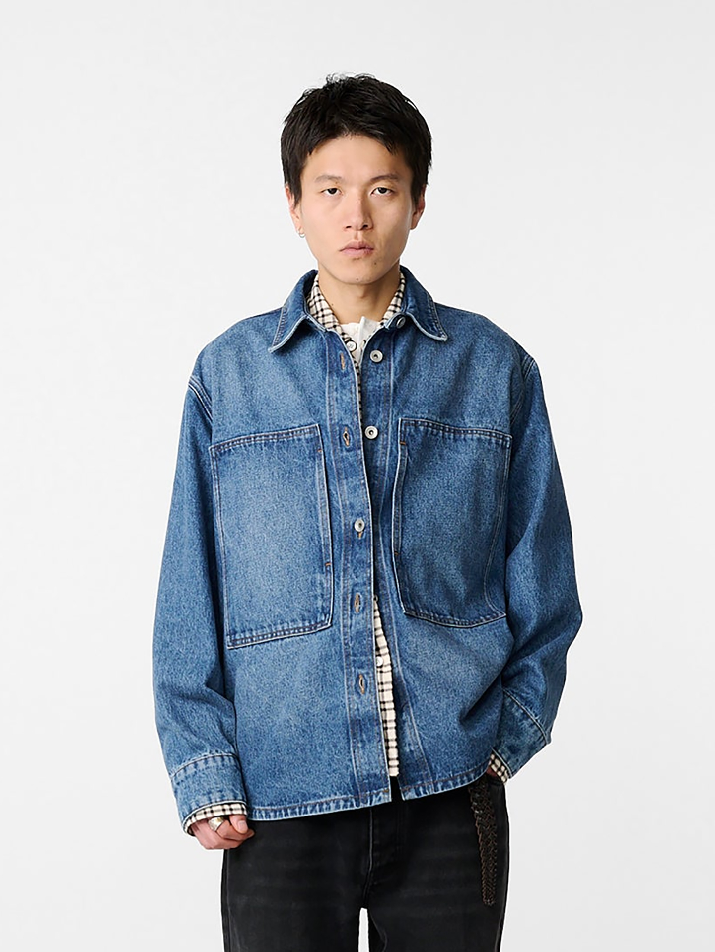 Studio Nicholson Saxon Denim Overshirt Worn Wash Indigo