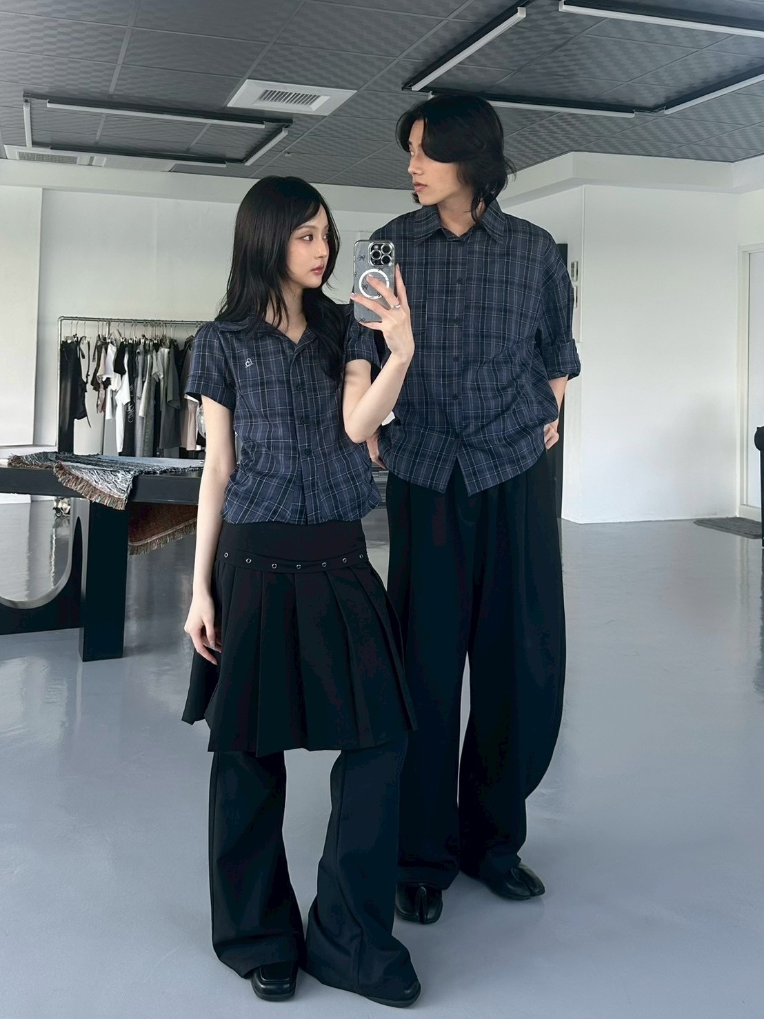 mmb星夜藍刺繡格紋情侶襯衫