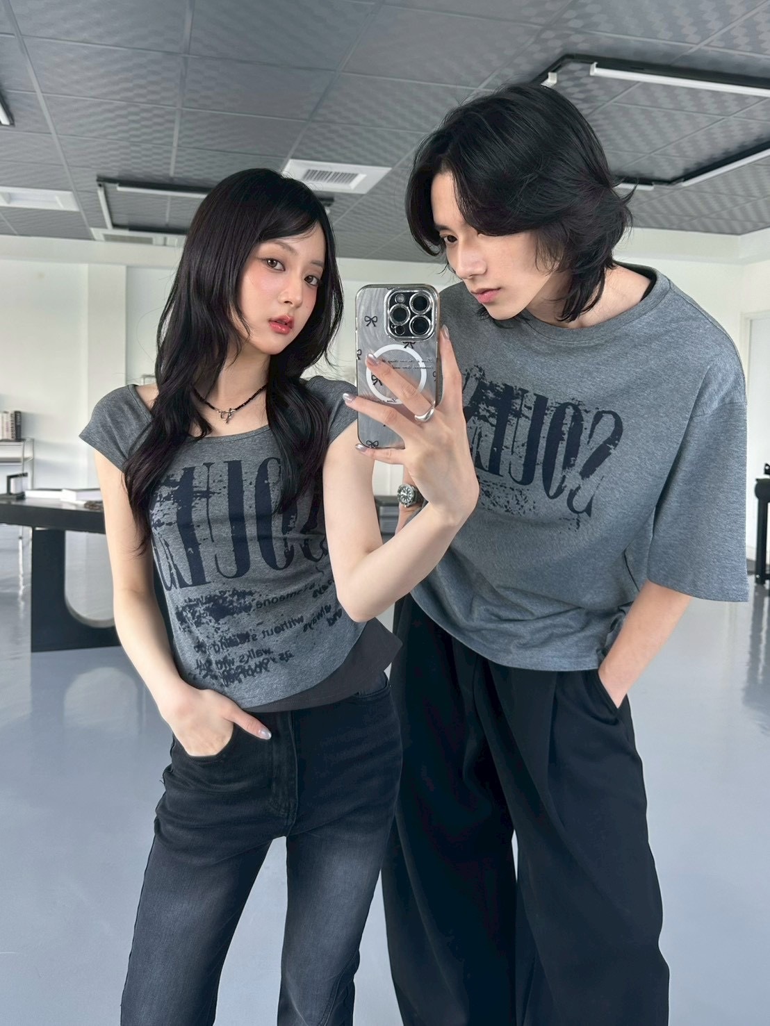 mmb低彩斑駁刷裂字母情侶tee