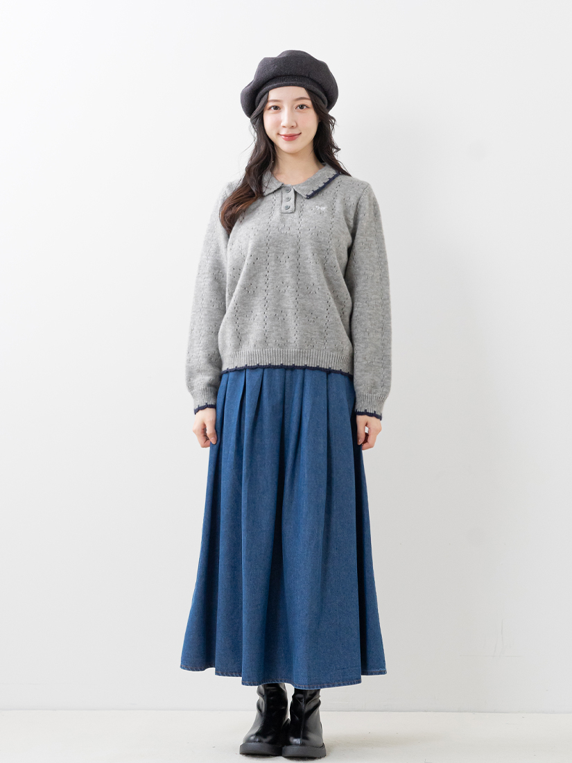 挑洞針織上衣A字牛仔長裙組合