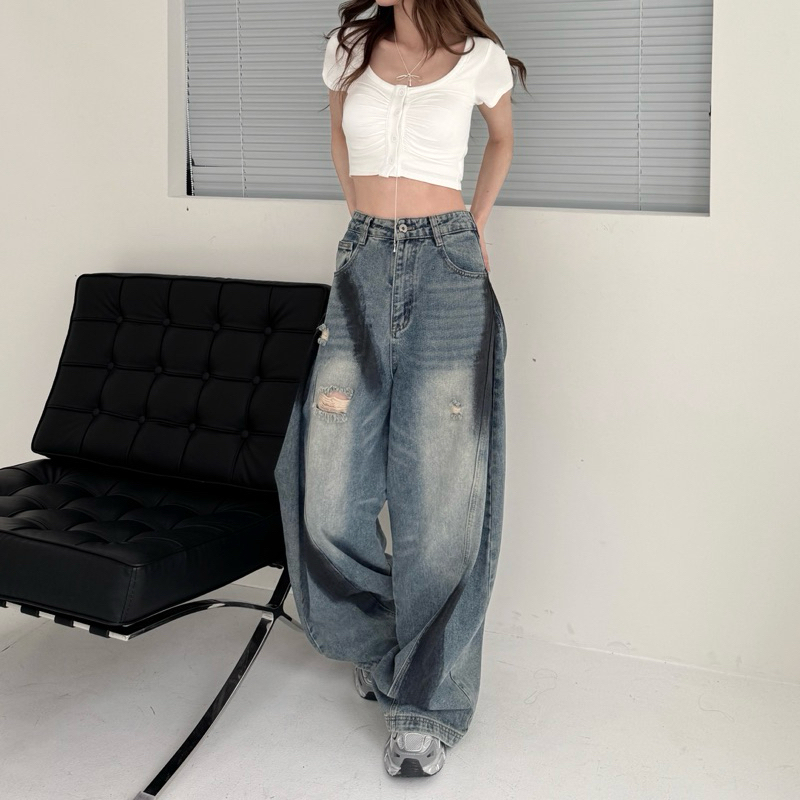 重工磅數🛞黑斜紋寬寬繭形刷破彎刀落地褲(S-L)