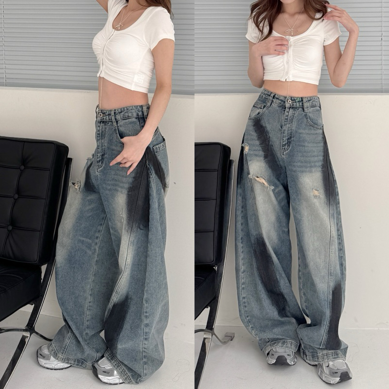 重工磅數🛞黑斜紋寬寬繭形刷破彎刀落地褲(S-L)